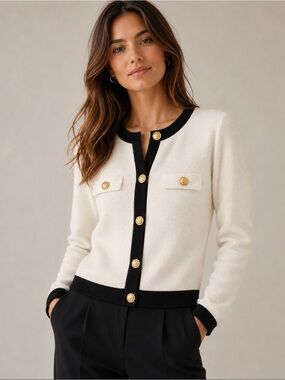 Zara Cream Cardigan with Black Trim and Gold Buttons